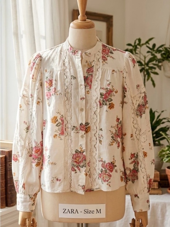 Zara Tops - Zara Cream Floral Lace-Trim Button Front Blouse - Pink & Gold Roses Size Meduim